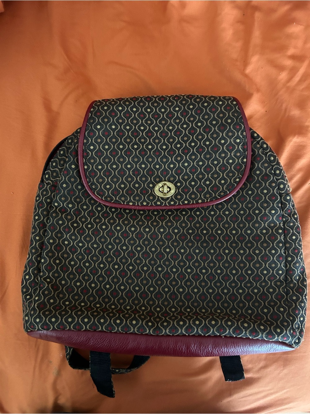 Women's Patterned Black Backpack with Burgundy Trim